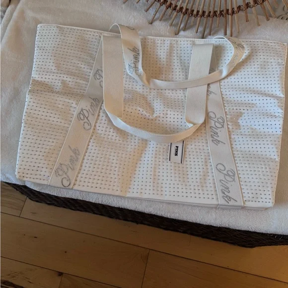 PINK Victoria's Secret Cream sparkle Canvas Tote with Branded Straps - Picture 10 of 11